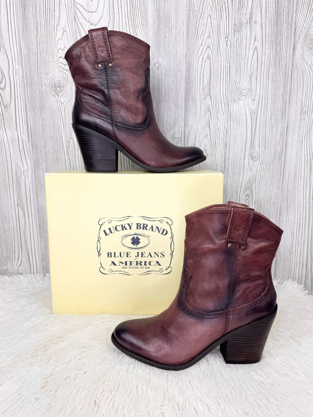 Lucky Brand Ellena Brown Leather Western Ankle Boots NIB Women’s 9.5 Rustic Chic